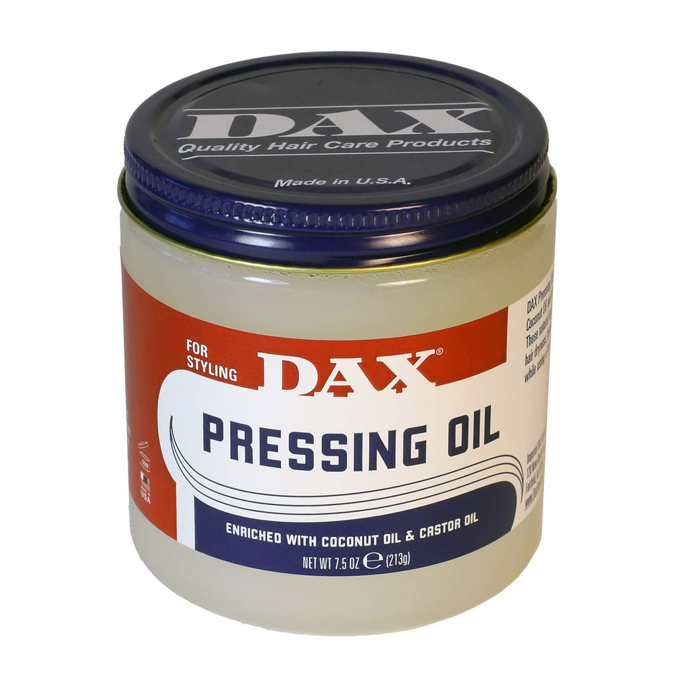 DAX pressing oil bottle for heat styling; nourishes hair with coconut and castor oils.