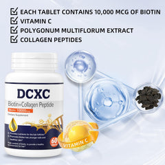 DCXC Biotin Collagen tablets close-up emphasizing biotin and collagen peptides.