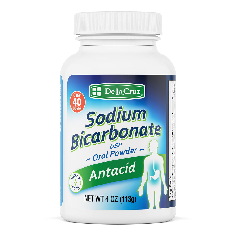 De La Cruz Pure sodium bicarbonate powder bottle-dissolve dissolves quickly for beverages and cooking.