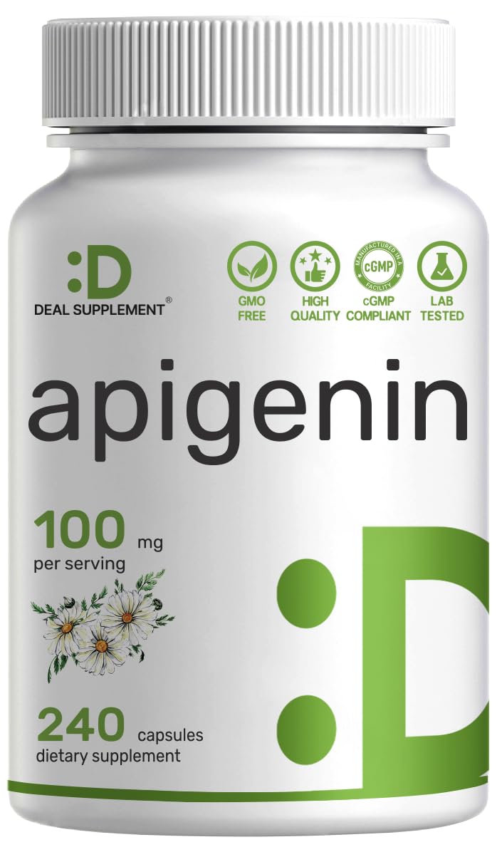 DEAL SUPPLEMENT apigenin bottle label showing dosage for easy use.