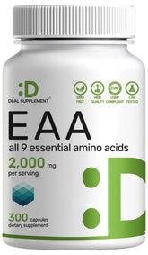 DEAL SUPPLEMENT Essential Amino Acids bottle on display for daily lean muscle support.