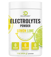 DEAL SUPPLEMENT Electrolytes powder bottle front highlights lemon-lime flavor for quick hydration.