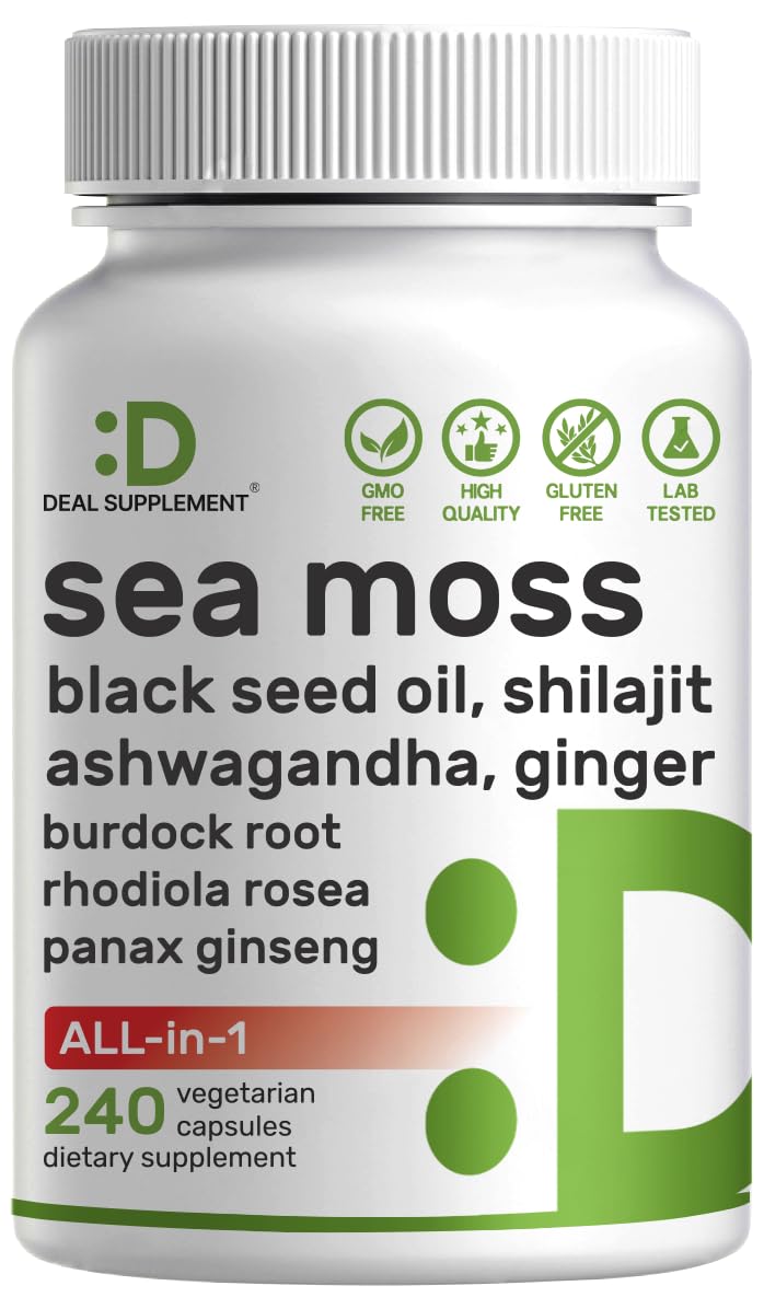 DEAL SUPPLEMENT Irish Sea Moss bottle showing 7000mg serving for daily wellness.