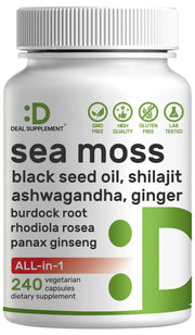DEAL SUPPLEMENT Irish Sea Moss bottle showing 7000mg serving for daily wellness.