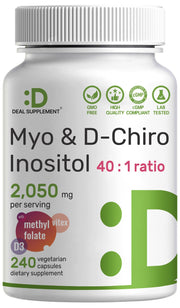 DEAL SUPPLEMENT Myo-Inositol bottle front shows 40:1 ratio for hormonal balance.