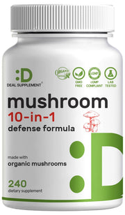 Deal Supplement Organic 10-in-1 mushroom bottle suggesting immune and energy support.
