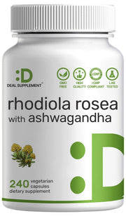DEAL SUPPLEMENT Rhodiola Rosea with Ashwagandha bottle showing 240 capsules for daily balance.
