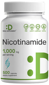 DEAL SUPPLEMENT Vitamin B3 Nicotinamide 1000mg capsule closeup, flush-free potency.