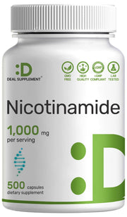 DEAL SUPPLEMENT Vitamin B3 Nicotinamide 1000mg capsule closeup, flush-free potency.