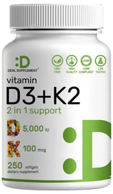 DEAL SUPPLEMENT Vitamin D3 5,000 IU + K2 MK7 softgels on bottle front for daily wellness