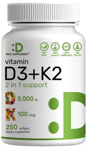 DEAL SUPPLEMENT Vitamin D3 5,000 IU + K2 MK7 softgels on bottle front for daily wellness
