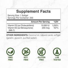 DEAL SUPPLEMENT Vitamin D3 + K2 softgels bottle shot highlighting packaging and dosage