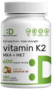 Deal Supplement Vitamin K2 600mcg softgels in bottle for daily use.