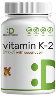 Deal Supplement Vitamin K2 MK-7 softgels bottle with coconut oil for easy absorption.
