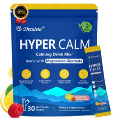 Decatela HyperCalm powder tub shows clean, sugar-free formula for everyday calm.