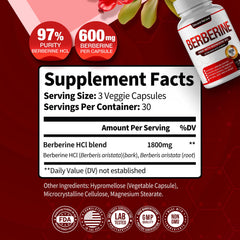 Close-up of DECENT NATURE Berberine HCL capsules highlighting 600mg per capsule