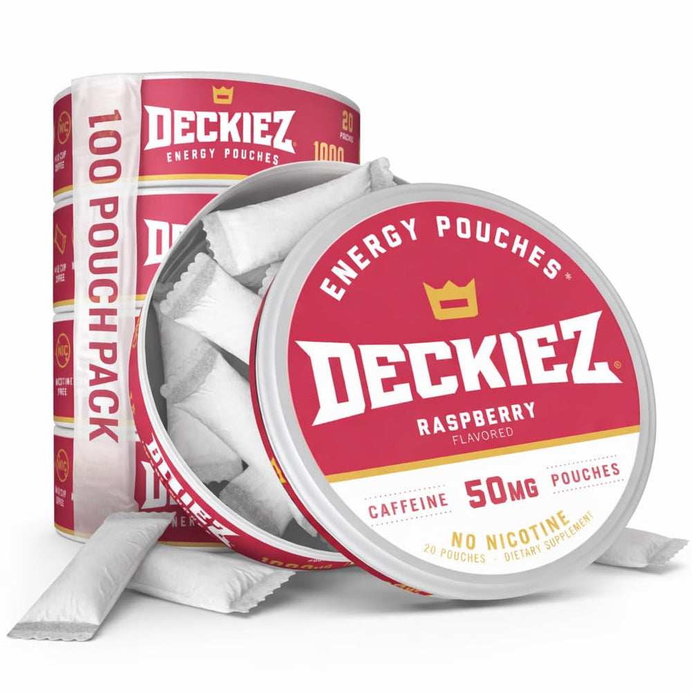 Deckiez Energy Pouches Raspberry pack with 50 mg caffeine per pouch for a discreet pick-me-up