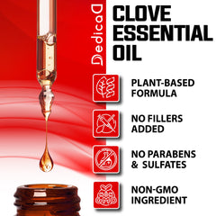 DEDICAD clove essential oil bottle shown for safe toothache care when diluted