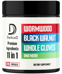 DEDICAD Wormwood supplement bottle showing 120 veggie pills for daily use