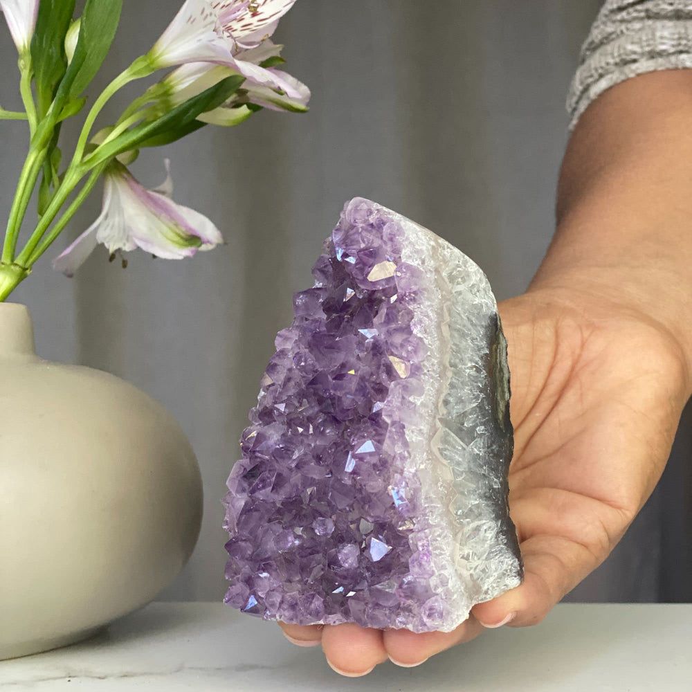 Deep Purple Project uruguayan amethyst geode with natural violet crystals for display.