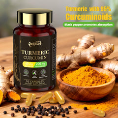 Deepure Turmeric Curcumin capsules close-up showing compact, easy-to-swallow design for daily use