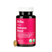 Deha 7-in-1 immune bottle front view highlighting vegan, organic formula for daily vitality.