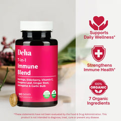 Deha 7-in-1 immune bottle side angle emphasizing GMP-certified, non-GMO herbal blend.