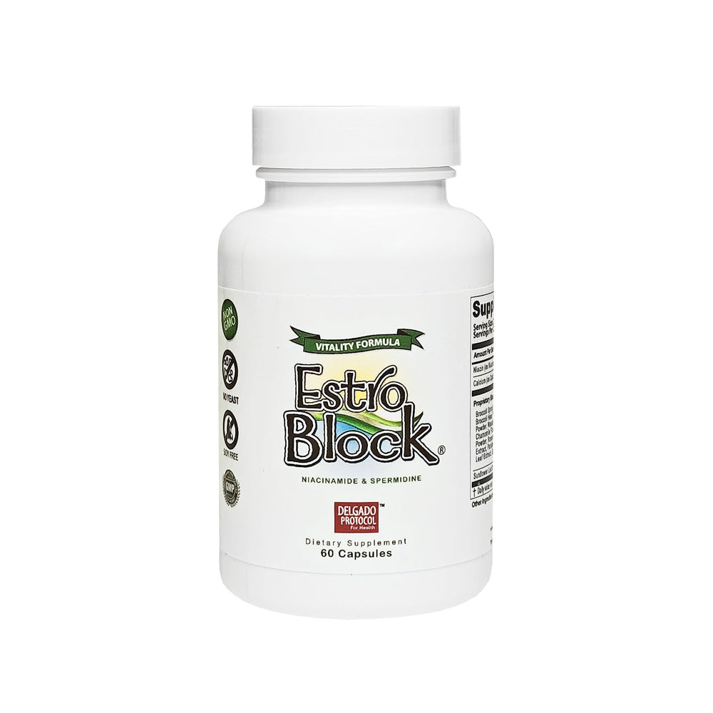 The Delgado Protocol for Health EstroBlock Vitality bottle promotes daily wellness.