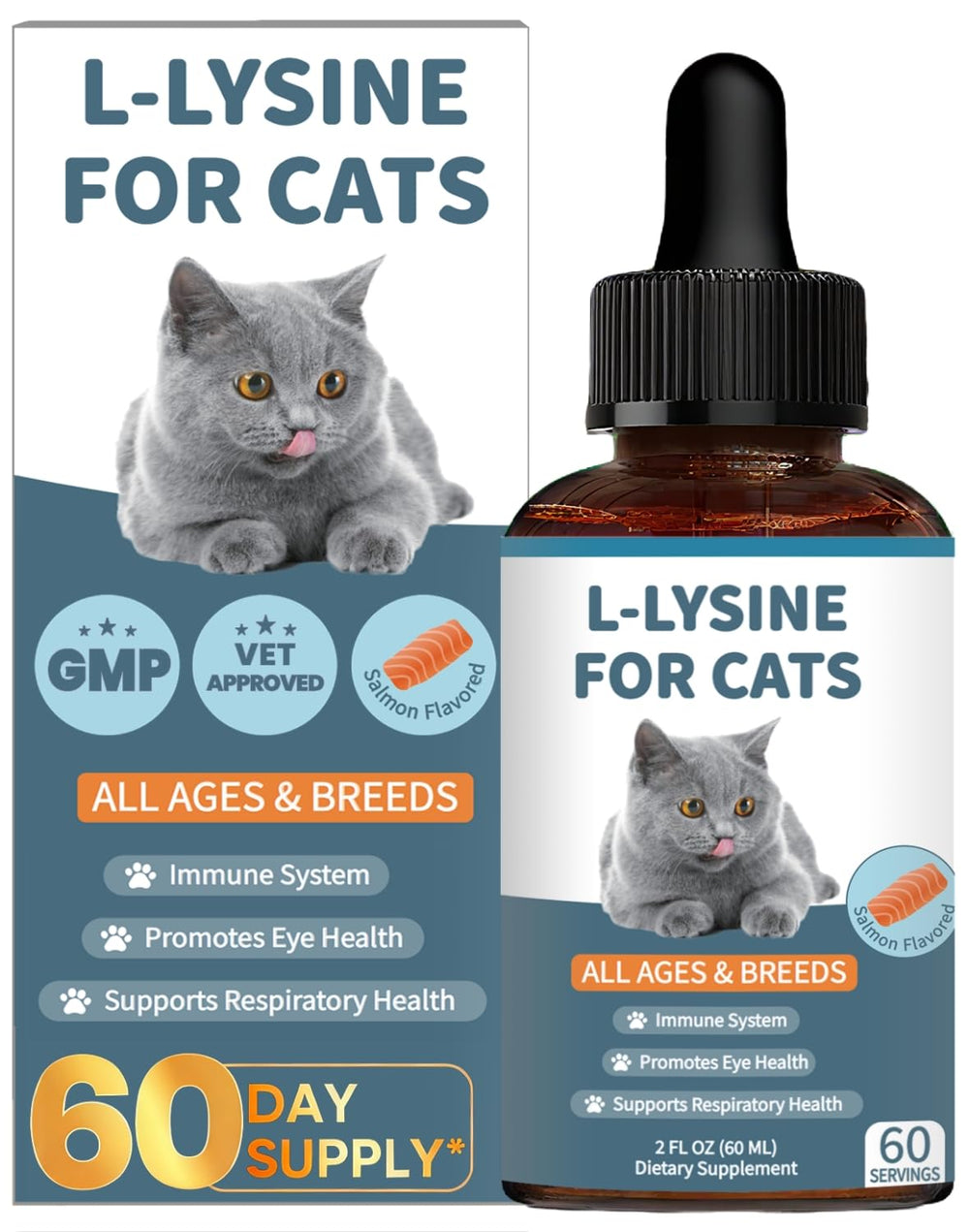 Derggzey L-Lysine for cats in a salmon bottle pour supports easy daily dosing.
