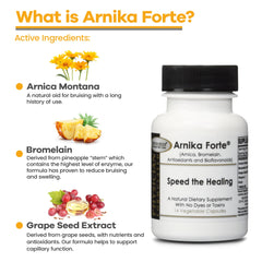 Close-up of DermAvance Arnika Forte capsules highlights natural ingredients for bruising and swelling support