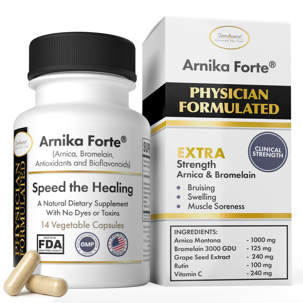 DermAvance Arnika Forte capsules packaging highlights vegan, post-surgery support