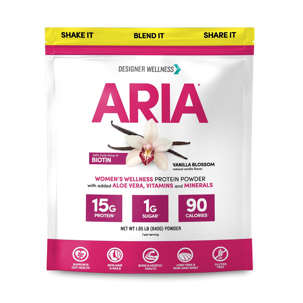 Designer Wellness Aria vanilla protein bottle showing a low calorie women friendly protein option