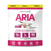 Designer Wellness Aria vanilla protein bottle showing a low calorie women friendly protein option