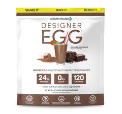 Designer Wellness Designer Egg tub label highlighting high-protein powder for daily fitness.