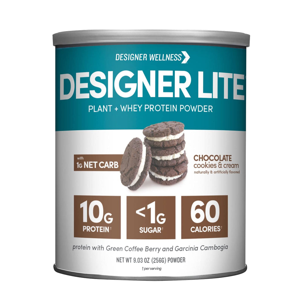Designer Wellness Designer Lite label close-up showing a low-calorie protein option.