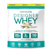 Designer Wellness Designer Whey bottle front view, French Vanilla flavor for daily energy