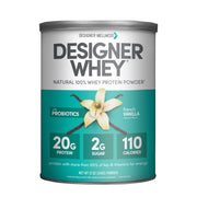 Designer Wellness Designer Whey bottle front shows gluten-free protein for workouts