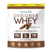 Designer Wellness Designer Whey bottle-pour promotes smooth chocolate flavor for post-workout refuel