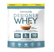 Designer Wellness Designer Whey bottle shows 20 g protein for daily fueling