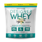 Designer Wellness Designer Whey tub front label; gluten-free protein option.