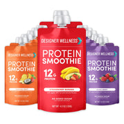 Designer Wellness Protein Smoothie bottle showcasing real fruit flavor for on-the-go nutrition.