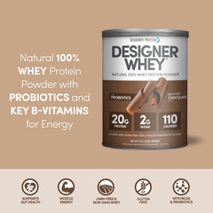Designer Wellness Designer Whey nutrition label highlights protein minerals and probiotic blend