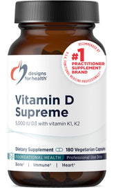 Designs for Health Vitamin D Supreme bottle label highlighting D3 and K2 for bone support.