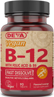 DEVA B12 fast-dissolve bottle shows convenient daily vegan supplementation.