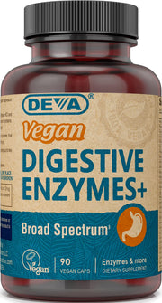 DEVA Digestive Enzymes Plus bottle shown for vegan digestive support and balanced nutrient access.