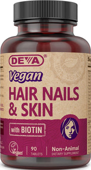 DEVA Hair Nails Skin bottle shown for daily vegan support of hair, nails, and skin.