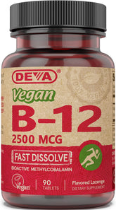 DEVA vegan B-12 sublingual tablets bottle showing vegan formula for daily energy support.