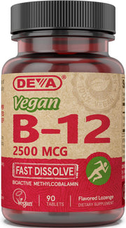 DEVA vegan B-12 sublingual tablets bottle showing vegan formula for daily energy support.