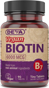 DEVA vegan biotin 6000 mcg tiny tablets close-up for daily use.