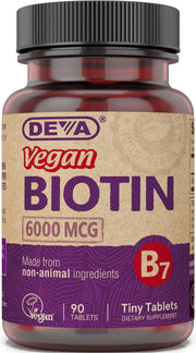 DEVA vegan biotin 6000 mcg tiny tablets close-up for daily use.